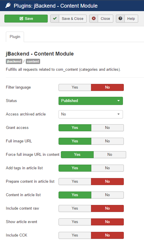 jBackend Content Plugin Settings
